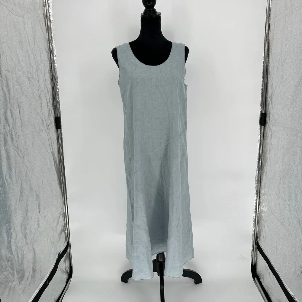 NWT Eileen Fisher Blue Organic Linen Scoop Neck Handkerchief Tank Slip Dress S‎